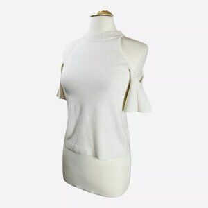 Sea Bleu Cashmere Sweater S Cold Shoulder Ruffle Short Sleeve Ivory High Neck